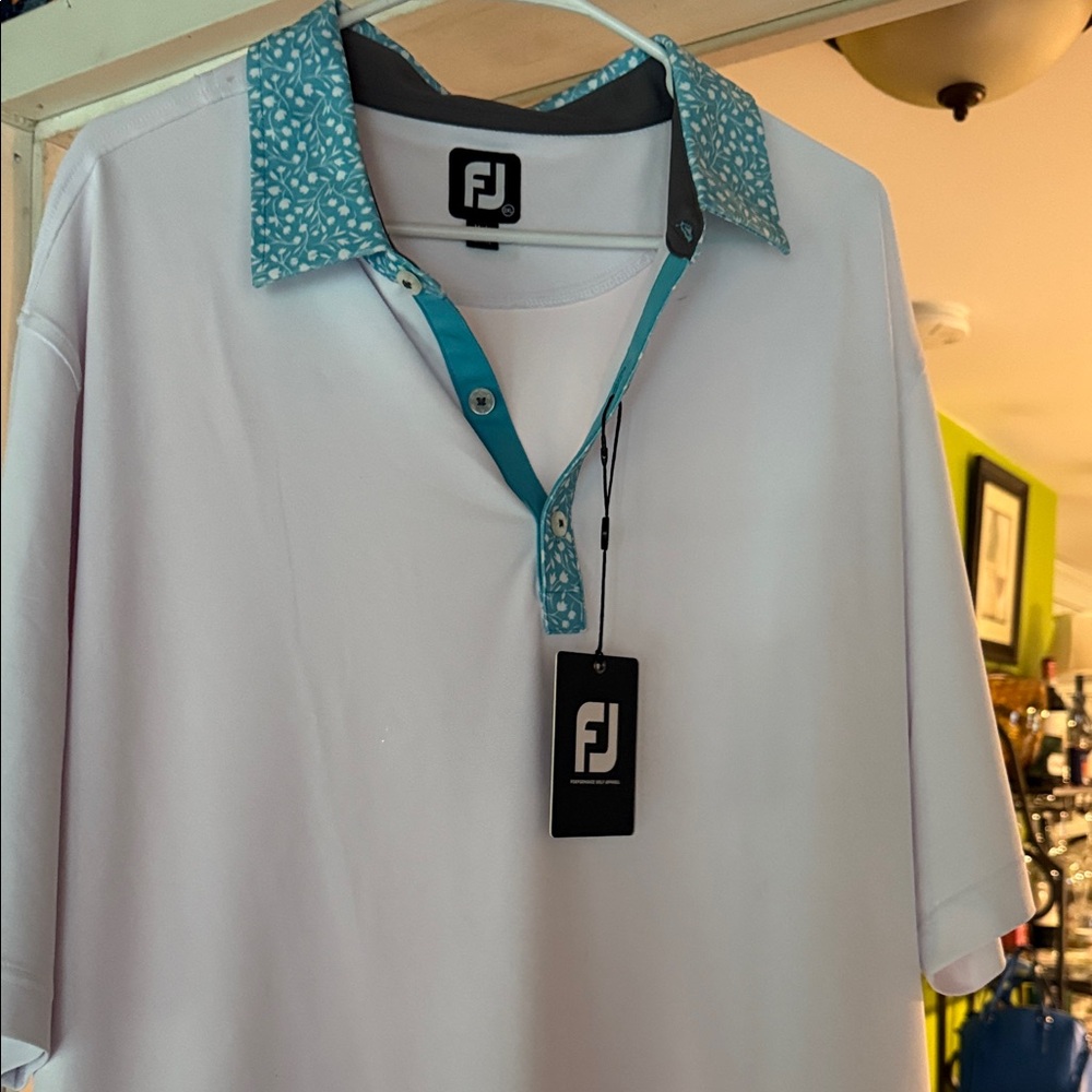 FootJoy White Polo with Blue Patterned Collar